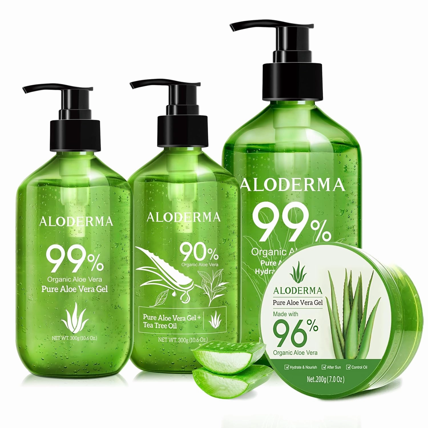 Aloderma Aloe Vera Gel Set, 4 Pieces - 500g Aloe Vera Gel, 300g Aloe Vera Gel, 300g Aloe Vera Gel   Tea Tree Oil, 200g Aloe Vera Gel