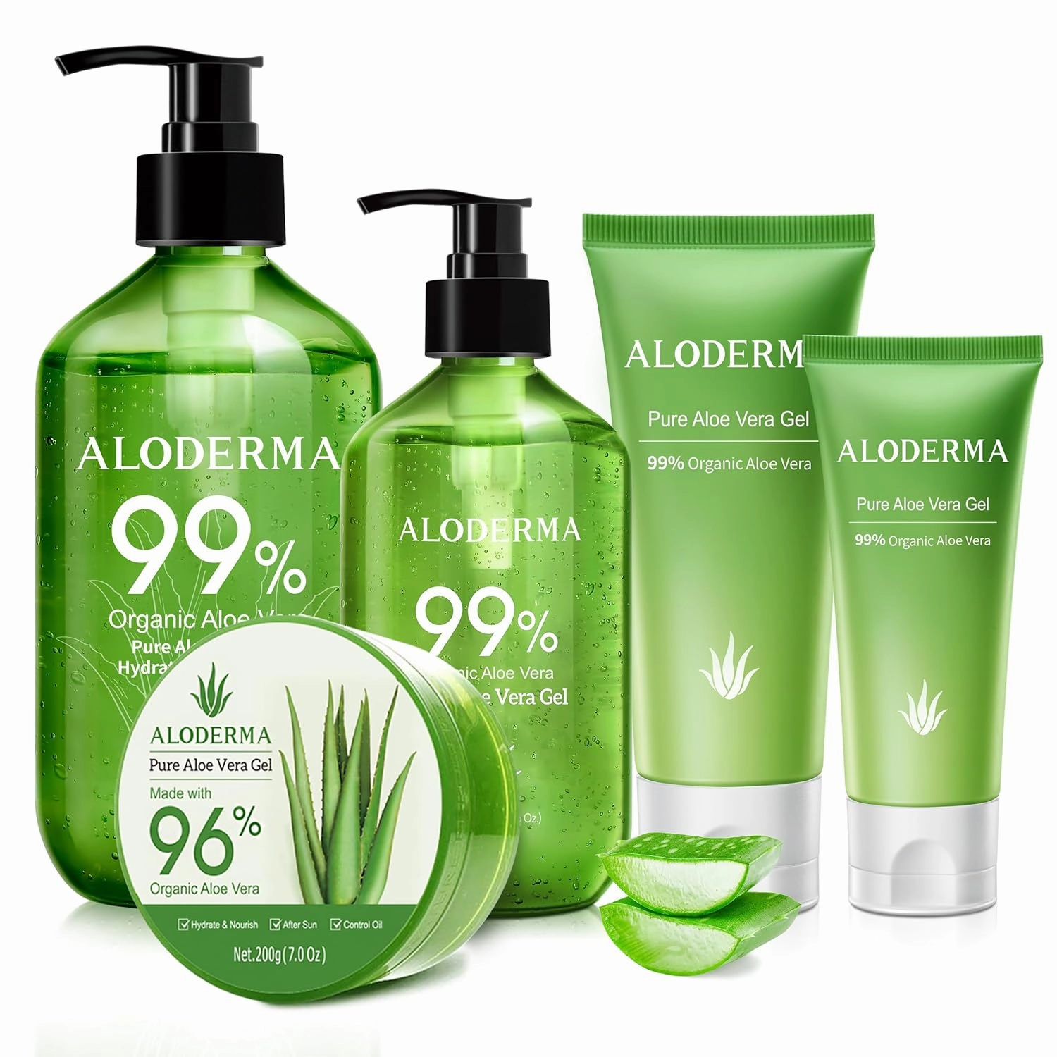 Aloderma Aloe Vera Gel Set, 5 Pieces - 45g Aloe Vera Gel, 114g Aloe Vera Gel, 300g Aloe Vera Gel, 300g Aloe Vera Gel   Tea Tree Oil, 200g Aloe Vera Gel