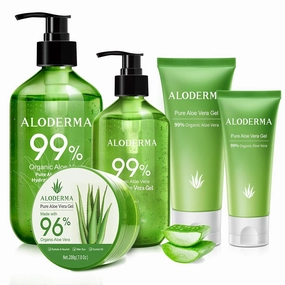 Aloderma Aloe Vera Gel Set, 5 Pieces - 45g Aloe Vera Gel, 114g Aloe Vera Gel, 300g Aloe Vera Gel, 300g Aloe Vera Gel   Tea Tree Oil, 200g Aloe Vera Gel