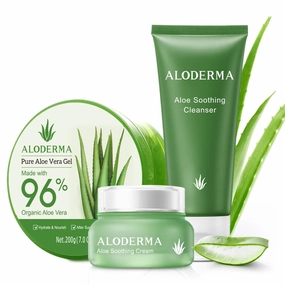 Aloderma Basic Aloe Soothing & Repairing Skin Care Set - 3 Pieces - Soothing Cleanser, Soothing Cream, 200g Aloe Vera Gel
