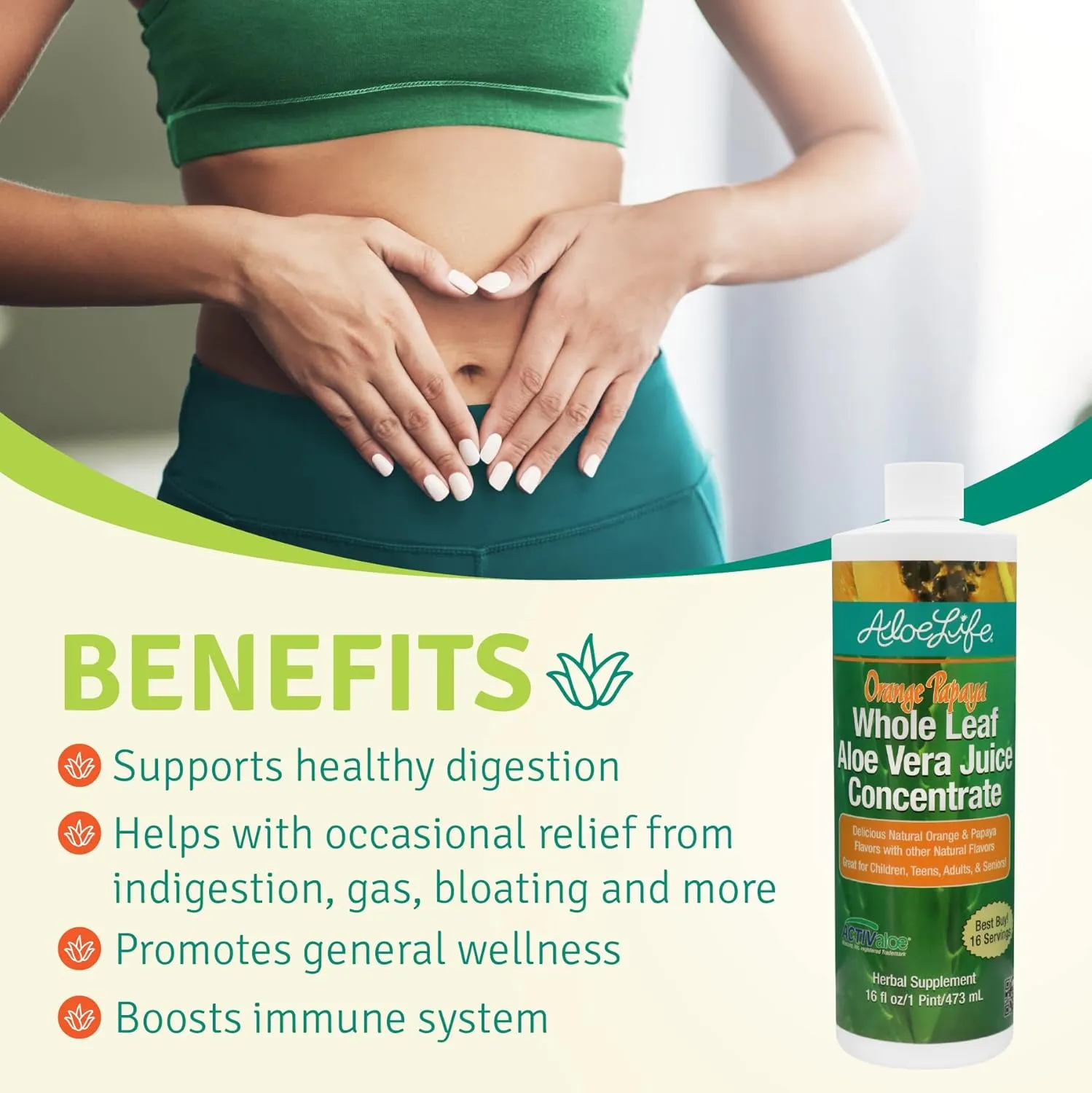 Aloe Life - Whole Leaf Aloe Vera Juic, Certified Organic, Gluten-Free (Orange Papaya, 16 oz)