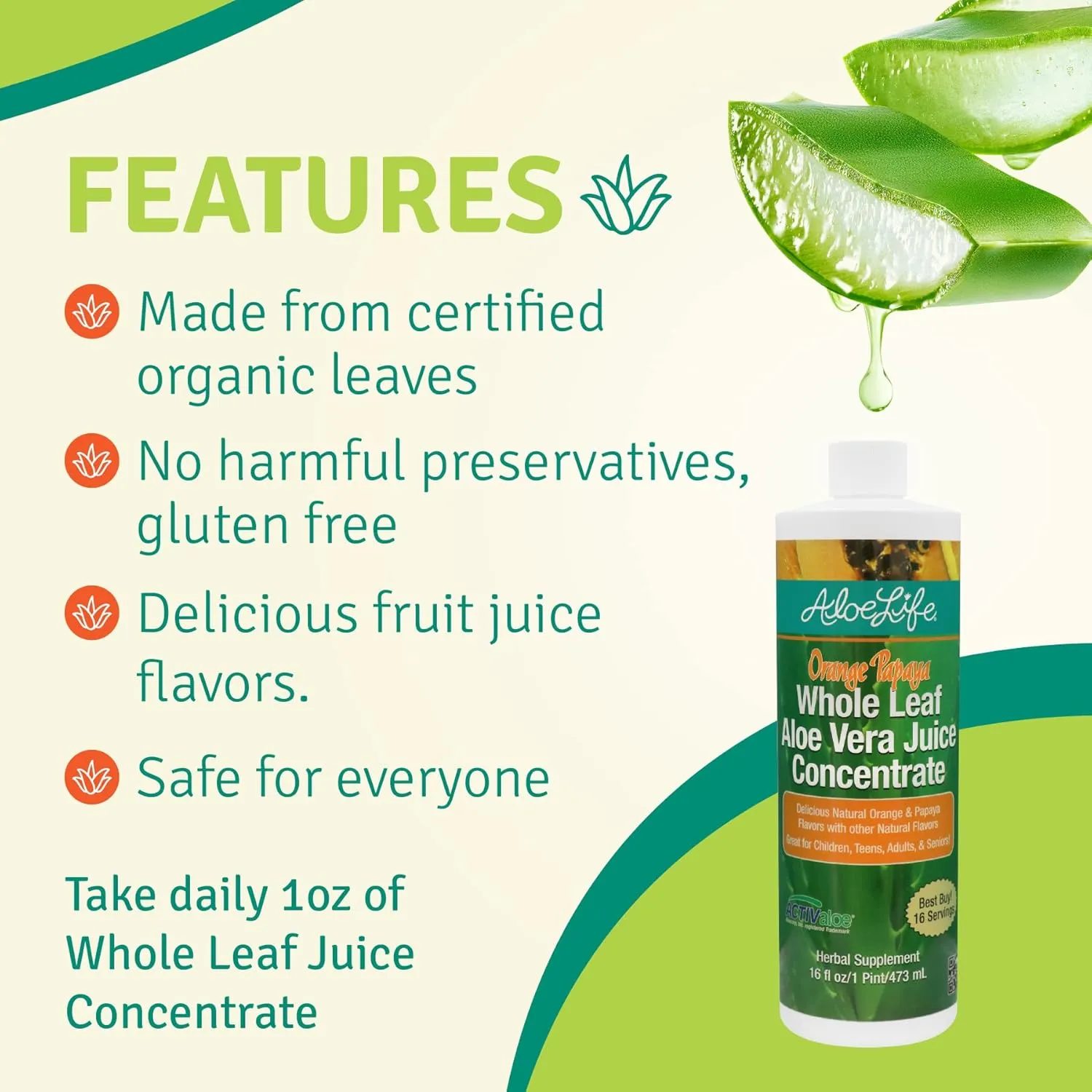 Aloe Life - Whole Leaf Aloe Vera Juic, Certified Organic, Gluten-Free (Orange Papaya, 16 oz)