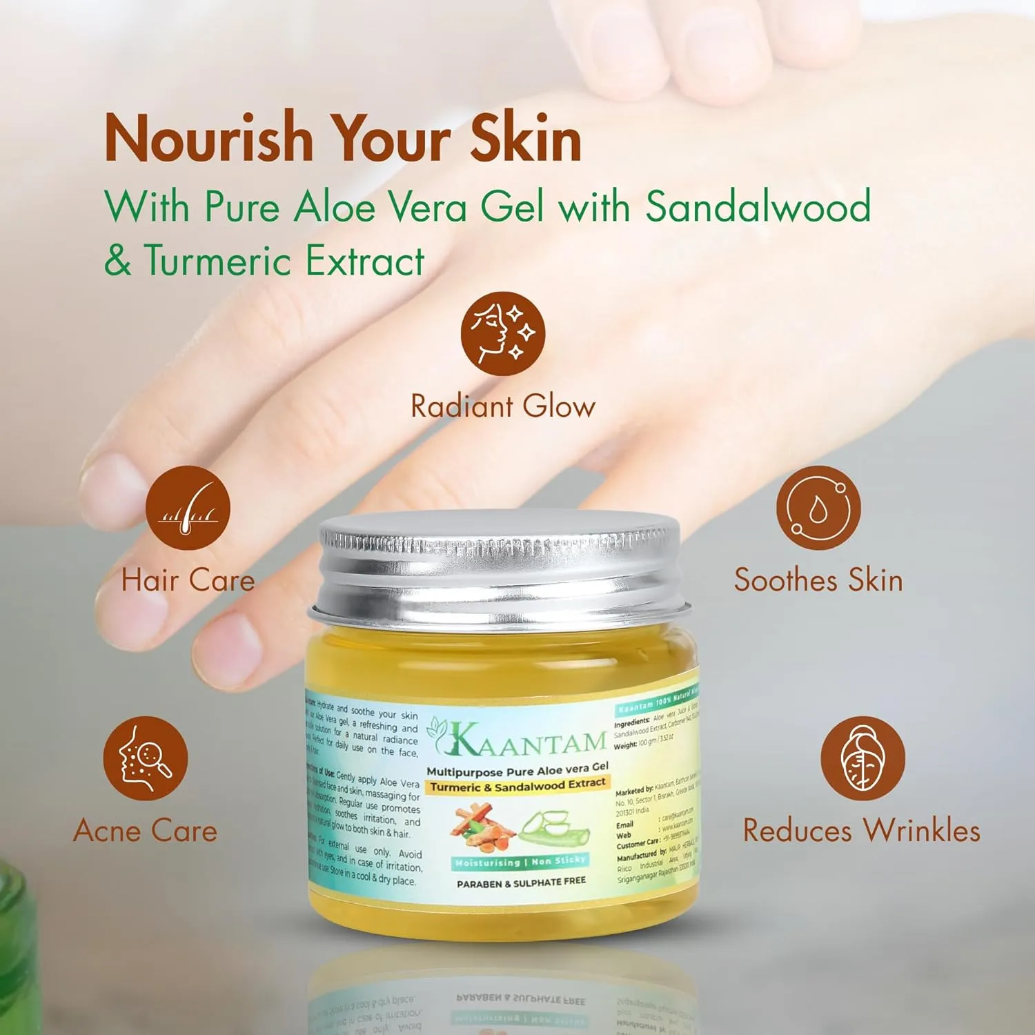 Aloe Vera Gel with Turmeric & Sandalwood – Naturally Scented Cooling Gel for Face, Body & Scalp – Lightweight, Plant-Based Moisturizer – 100g / 3.5 oz