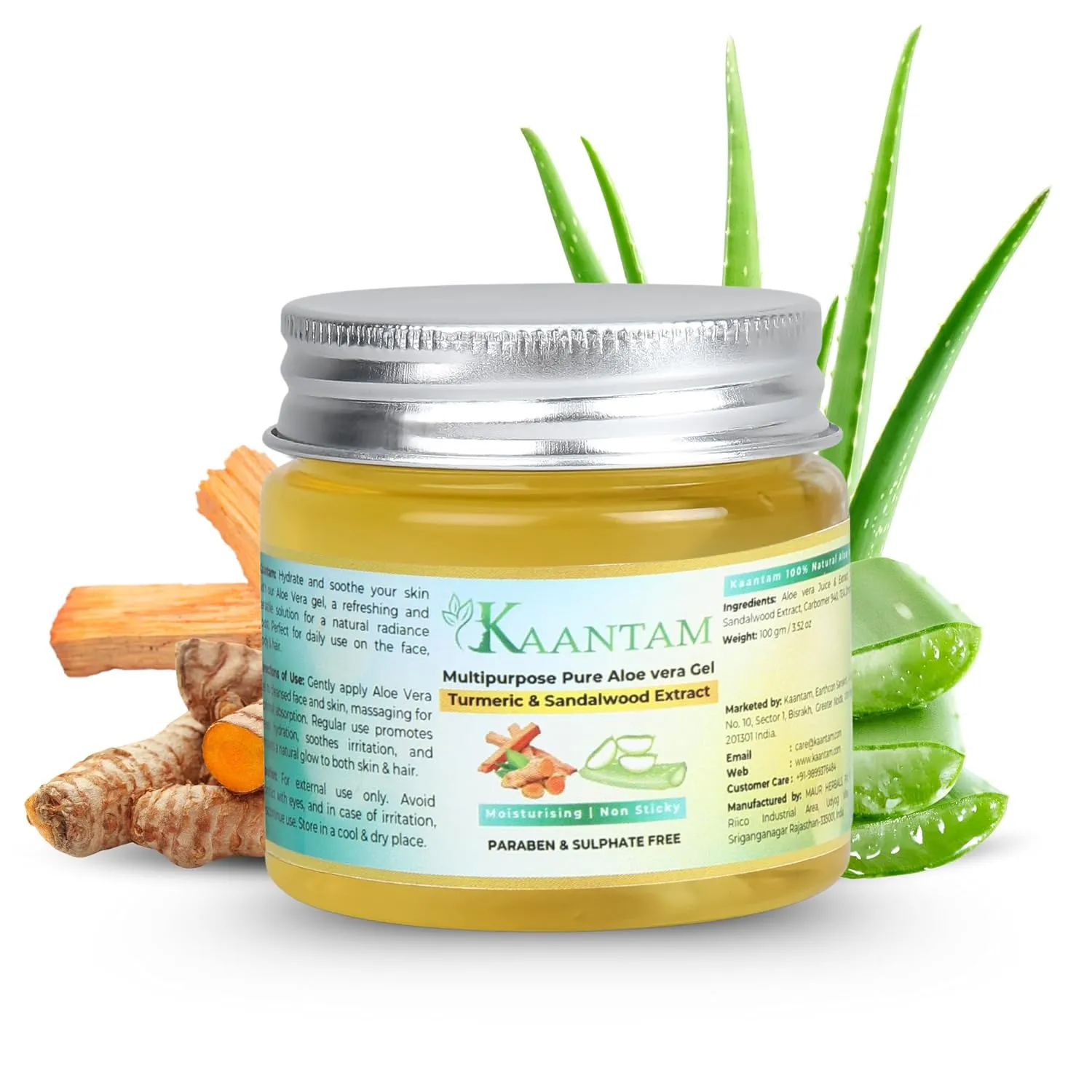Aloe Vera Gel with Turmeric & Sandalwood – Naturally Scented Cooling Gel for Face, Body & Scalp – Lightweight, Plant-Based Moisturizer – 100g / 3.5 oz