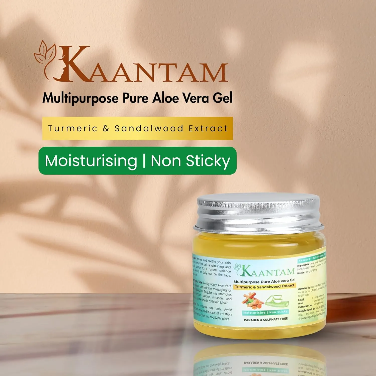 Aloe Vera Gel with Turmeric & Sandalwood – Naturally Scented Cooling Gel for Face, Body & Scalp – Lightweight, Plant-Based Moisturizer – 100g / 3.5 oz