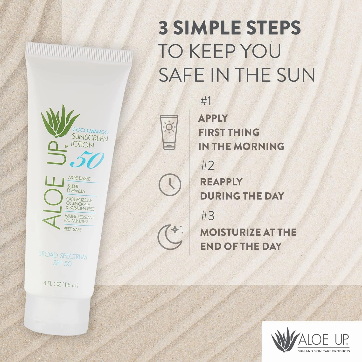 Aloe Up SPF 50 Sunscreen for Sensitive Skin - Broad Spectrum Face and Body Sunblock with Aloe Vera - Reef-Safe, Hydrating Coco-Mango Fragrance, 4 Oz