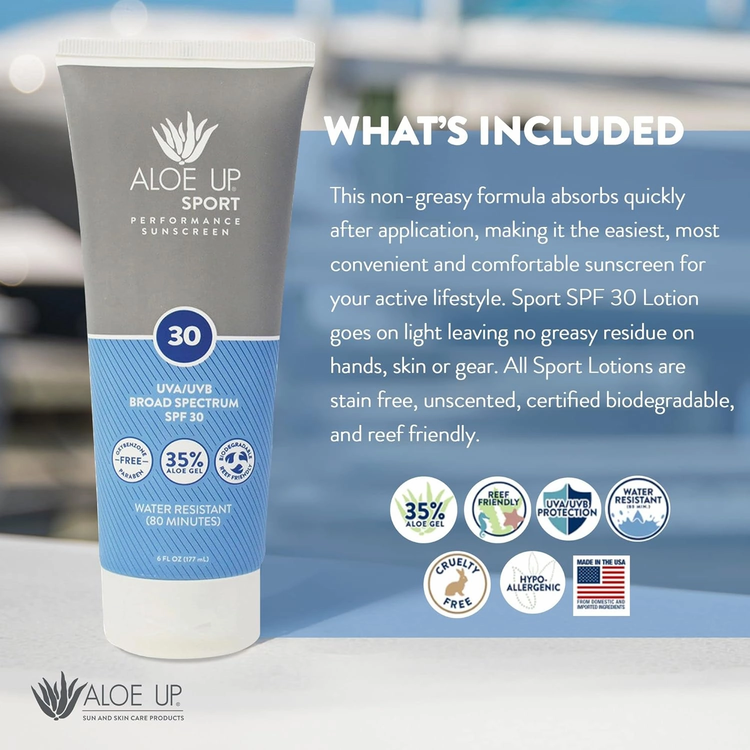 Aloe Up Sport Sunscreen Lotion SPF 30 - Broad Spectrum UVA/UVB Sunscreen Protector for Face and Body - With Hydrating Aloe Vera Gel - Non-Greasy No White Cast Reef Safe Fragrance-Free - 6 Oz.
