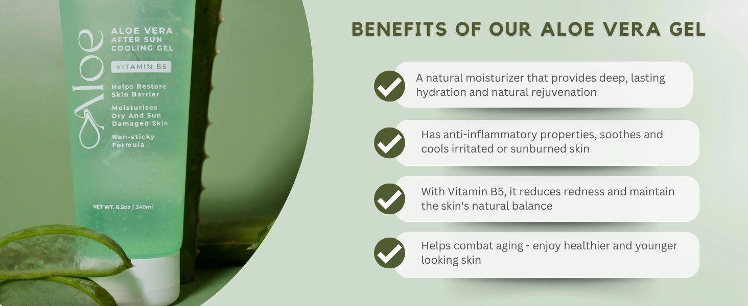 Aloe Vera After Sun Gel by Florida Glow - Pack of 2 Organic Aloe Vera Gel for Sunburn Relief - 98% Pure Aloe Vera Moisturizer for Face, Skin - Enriched with Vitamin B5 Non-Sticky Xanthan Free