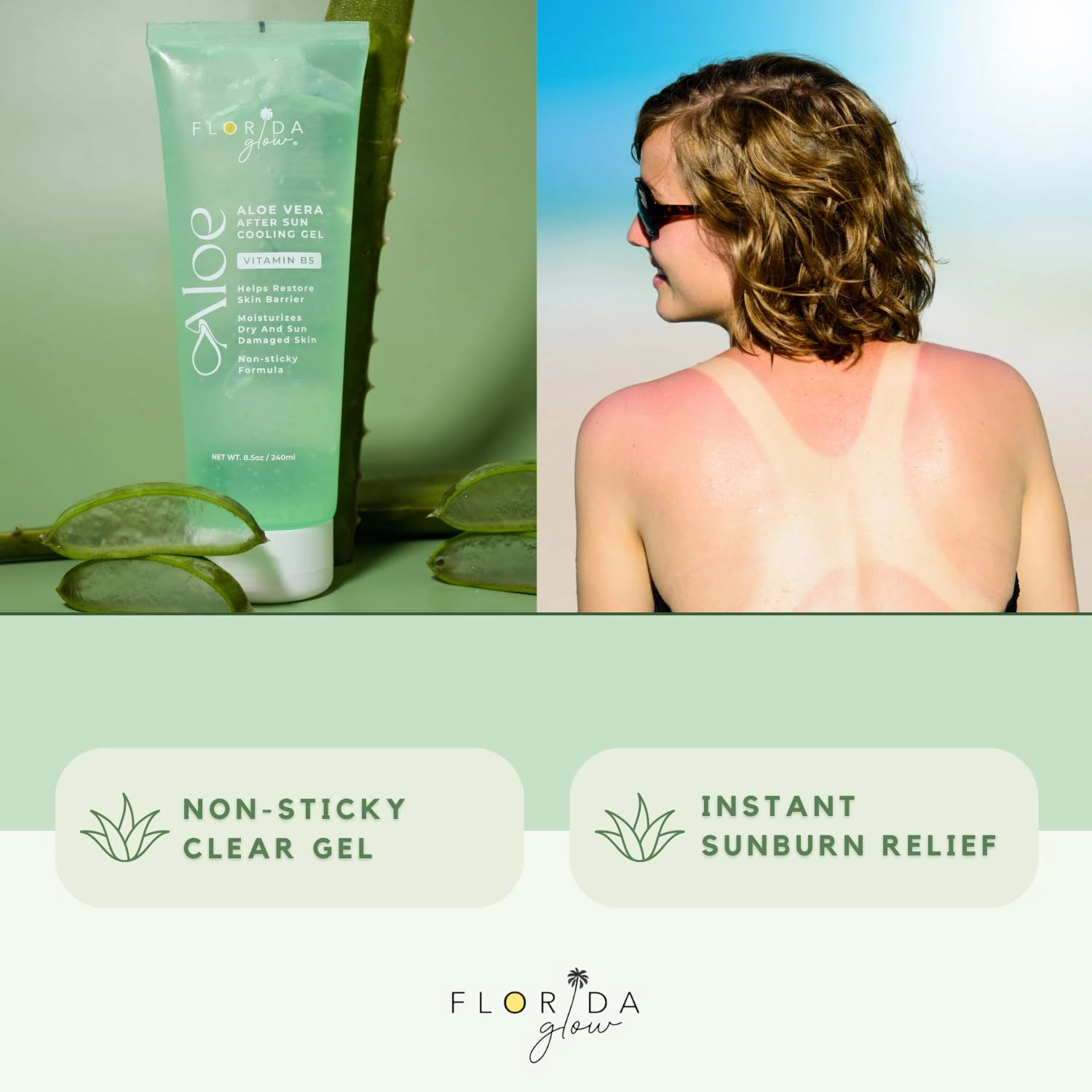 Aloe Vera After Sun Gel by Florida Glow - Pack of 2 Organic Aloe Vera Gel for Sunburn Relief - 98% Pure Aloe Vera Moisturizer for Face, Skin - Enriched with Vitamin B5 Non-Sticky Xanthan Free