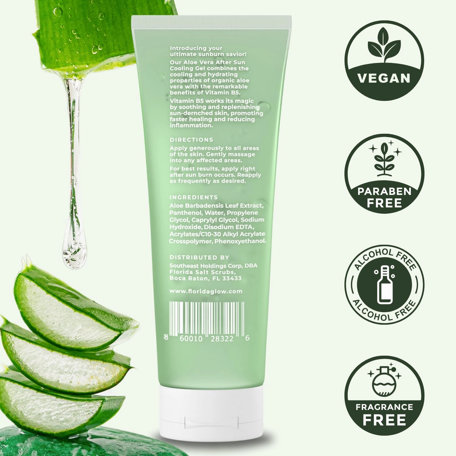 Aloe Vera After Sun Gel by Florida Glow - Pack of 2 Organic Aloe Vera Gel for Sunburn Relief - 98% Pure Aloe Vera Moisturizer for Face, Skin - Enriched with Vitamin B5 Non-Sticky Xanthan Free