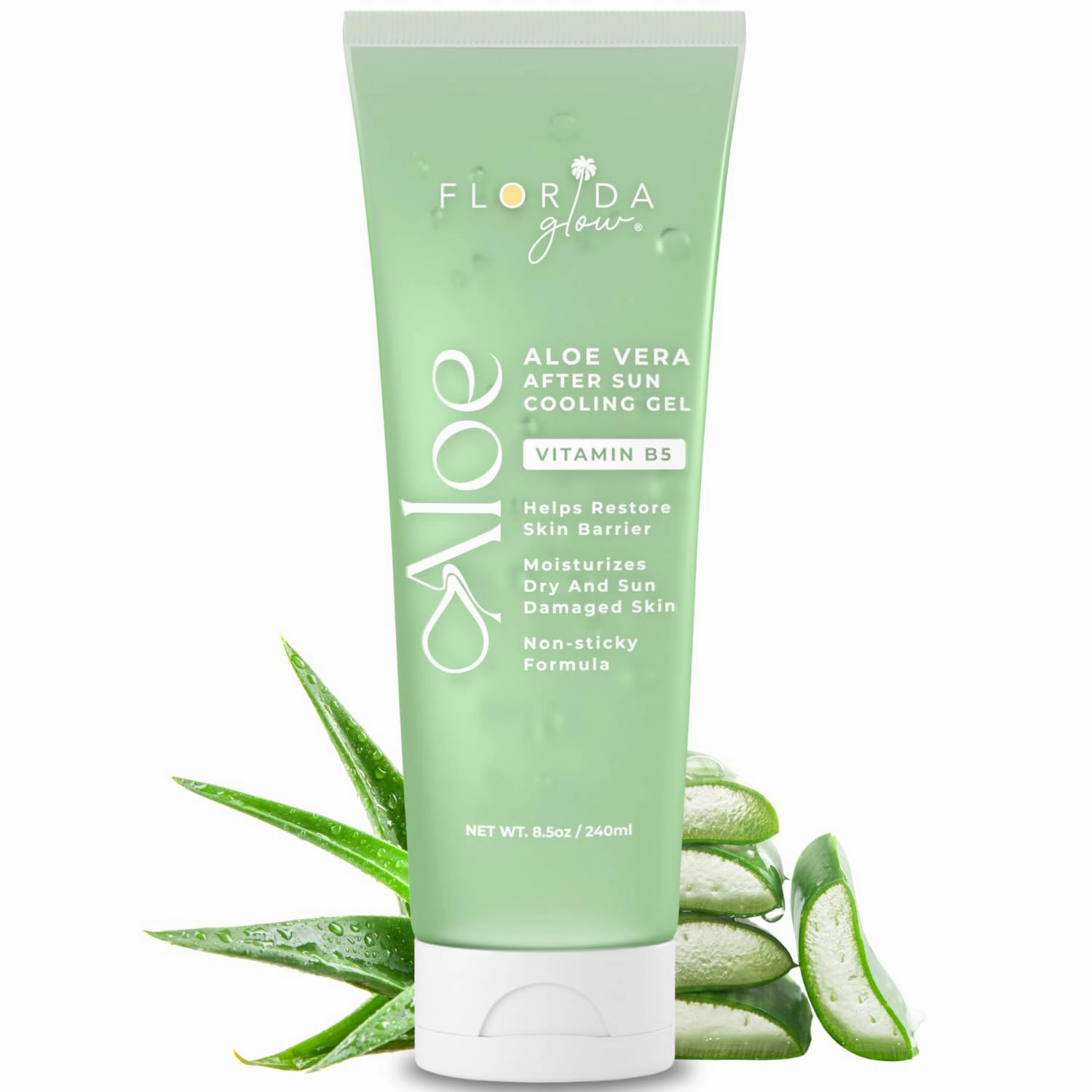 Aloe Vera After Sun Gel by Florida Glow - Pack of 2 Organic Aloe Vera Gel for Sunburn Relief - 98% Pure Aloe Vera Moisturizer for Face, Skin - Enriched with Vitamin B5 Non-Sticky Xanthan Free