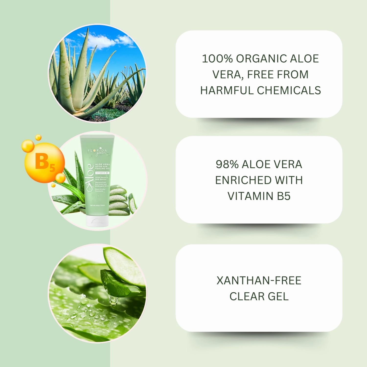 Aloe Vera After Sun Gel by Florida Glow - Pack of 2 Organic Aloe Vera Gel for Sunburn Relief - 98% Pure Aloe Vera Moisturizer for Face, Skin - Enriched with Vitamin B5 Non-Sticky Xanthan Free