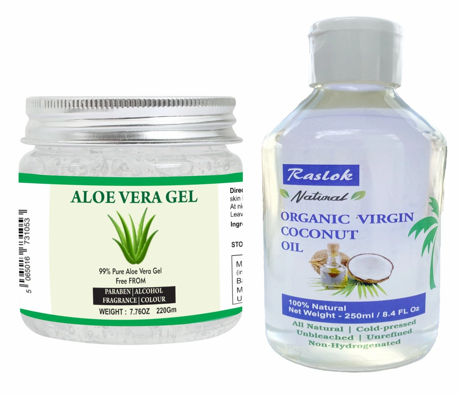 Aloe Vera Gel 100% Pure & Natural (7.76 OZ) 100% Pure Coconut Oil (250ml) - Moisturizing, Hydrating & Nourishing for Skin & Hair Care, Paraben-Free, Sulfate-Free, Suitable for All Hair