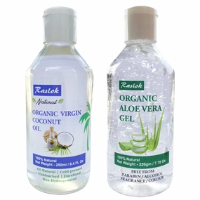 Aloe Vera Gel 100% Pure & Natural (7.76 OZ)   Raslok 100% Pure Coconut Oil (250ml) - Moisturizing, Hydrating & Nourishing for Skin & Hair Care, Paraben-Free, Sulfate-Free, Suitable for All Hair