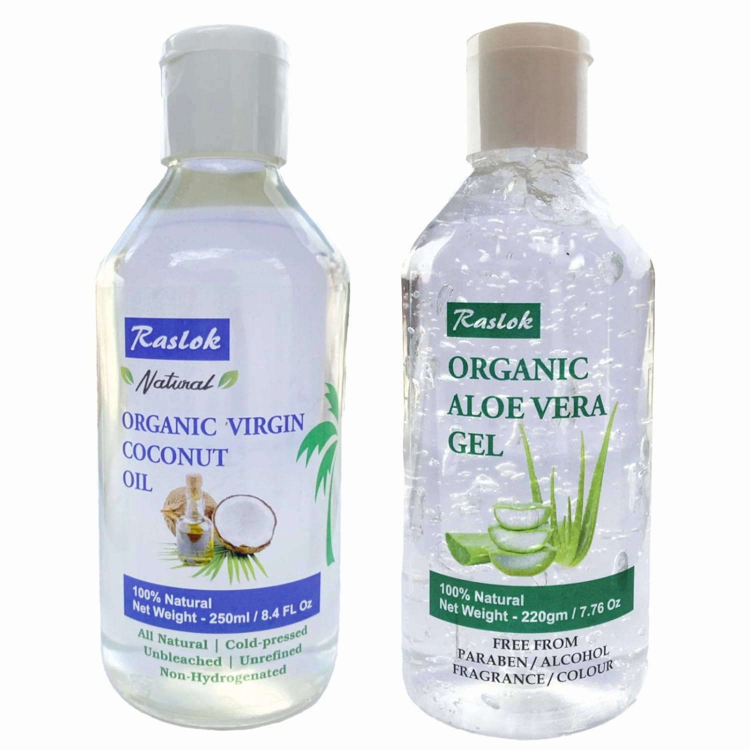 Aloe Vera Gel 100% Pure & Natural (7.76 OZ)   Raslok 100% Pure Coconut Oil (250ml) - Moisturizing, Hydrating & Nourishing for Skin & Hair Care, Paraben-Free, Sulfate-Free, Suitable for All Hair