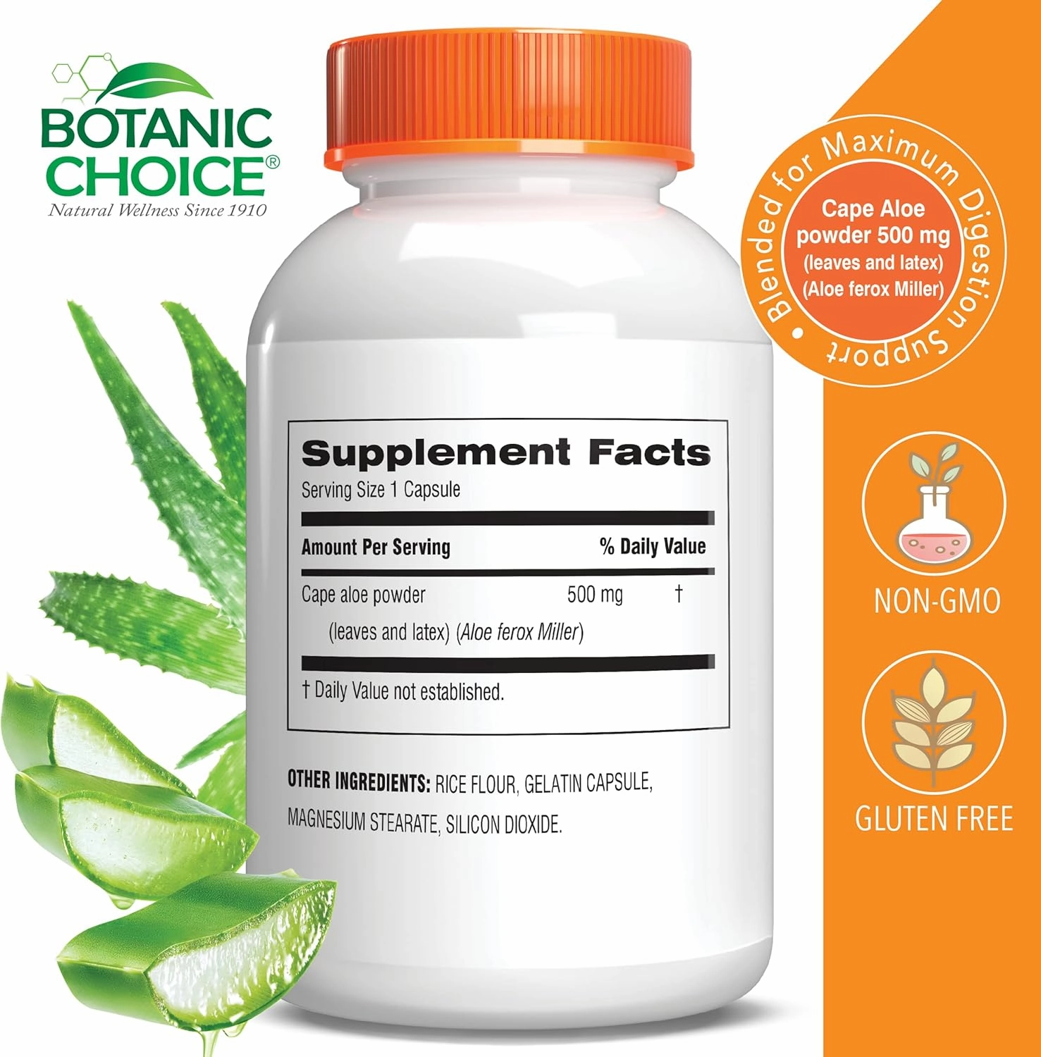 Aloe Vera- Leaf and Latex, Digestive, Liver, Stomach health-Contains Amino Acids, Vitamins, Minerals, Enzymes- 500mg-Gluten Free, Non-GMO-180 capsules