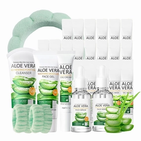 Aloe Vera Skincare Set Women Gifts - Skin Care Set for Women Hydrating Soothing - Skin Care for Teens 10-12 - Facial Kit with Cleanser, Face Serum, Face Gel, Eye Cream, Gel Mask, Headband, Wristbands