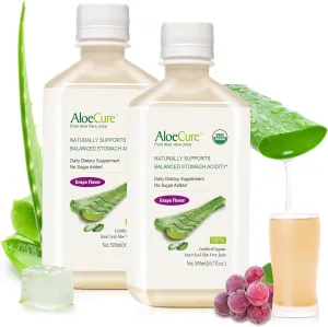 AloeCure USDA Organic Aloe Vera Juice Grape Flavor, Made Within 12 Hours of Harvest - Pure Aloe Vera Digestive & Immune Health Supplement, Helps Maintain Balanced Stomach Acidity, 16.7oz x 2 Btls