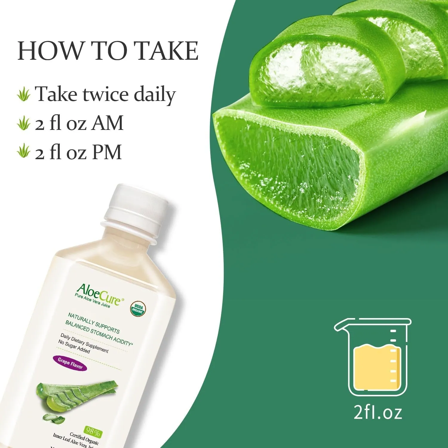 AloeCure USDA Organic Aloe Vera Juice Grape Flavor, Made Within 12 Hours of Harvest - Pure Aloe Vera Digestive & Immune Health Supplement, Helps Maintain Balanced Stomach Acidity, 16.7oz x 2 Btls
