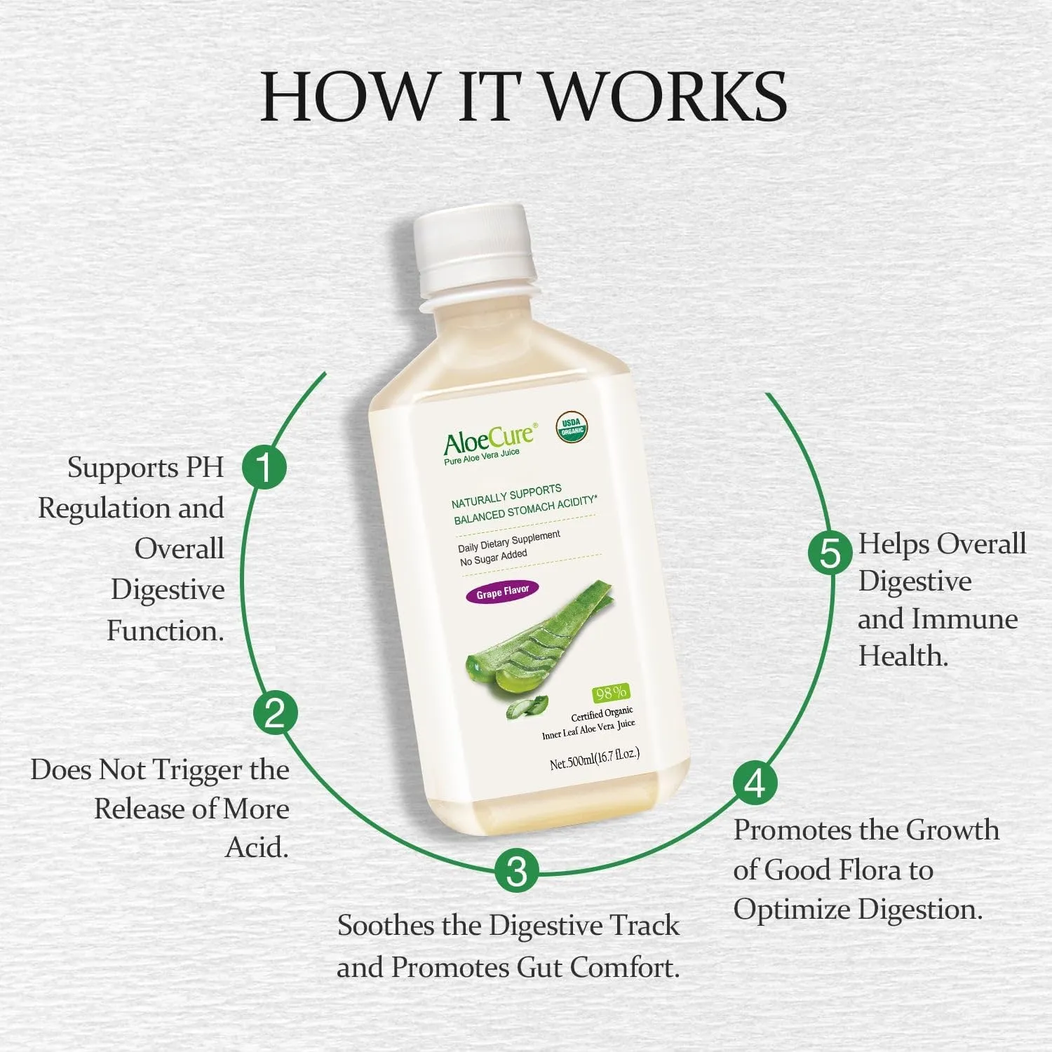 AloeCure USDA Organic Aloe Vera Juice Grape Flavor, Made Within 12 Hours of Harvest - Pure Aloe Vera Digestive & Immune Health Supplement, Helps Maintain Balanced Stomach Acidity, 16.7oz x 2 Btls