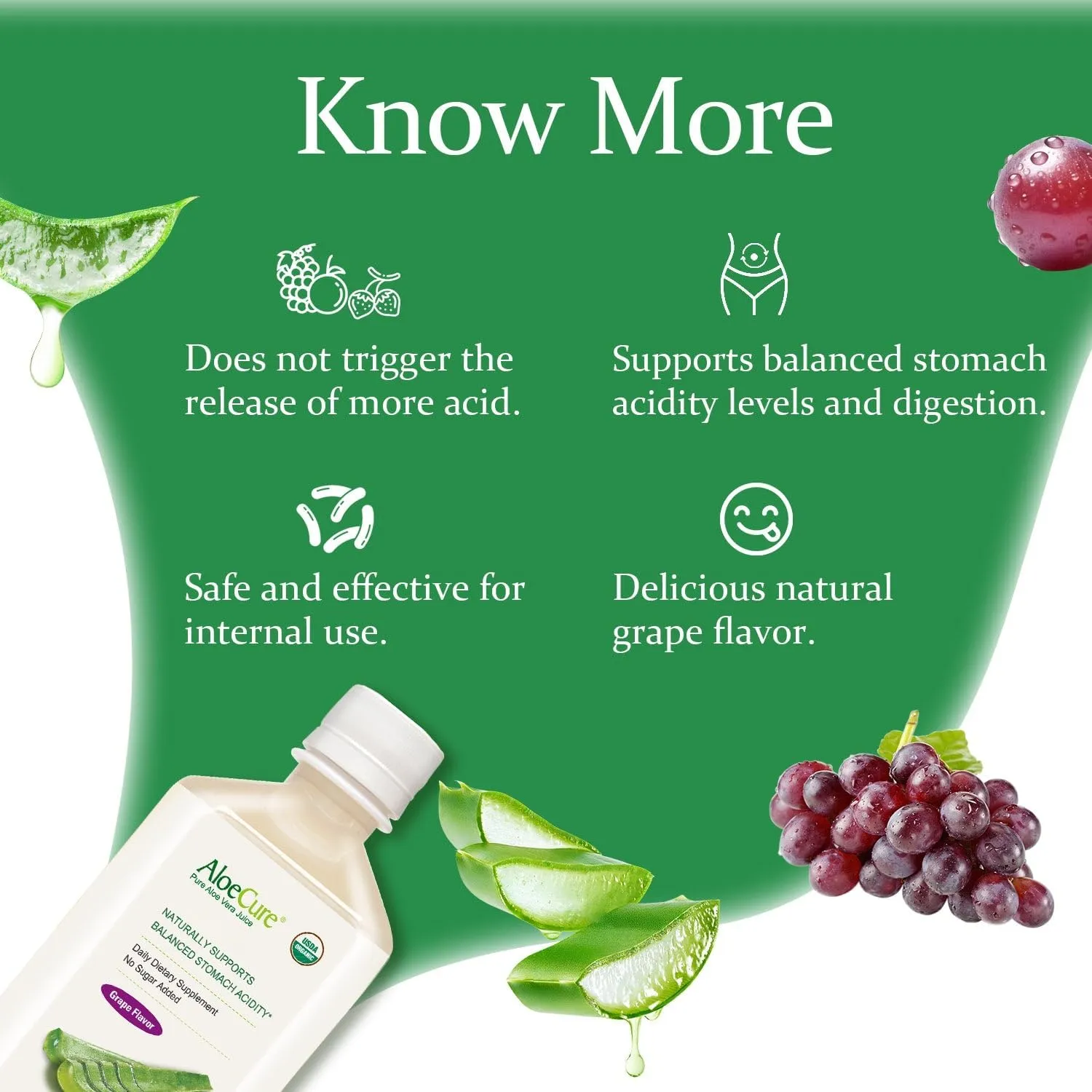 AloeCure USDA Organic Aloe Vera Juice Grape Flavor, Made Within 12 Hours of Harvest - Pure Aloe Vera Digestive & Immune Health Supplement, Helps Maintain Balanced Stomach Acidity, 16.7oz x 2 Btls