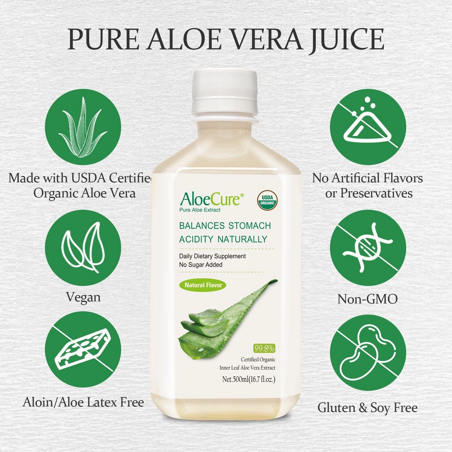AloeCure USDA Organic Aloe Vera Juice Made Within 12 Hrs of Harvest - Pure Aloe Juice Natural Digestive Supplement to Support Digestion, Immune System and Balanced Stomach Acidity, 500ml Bottle