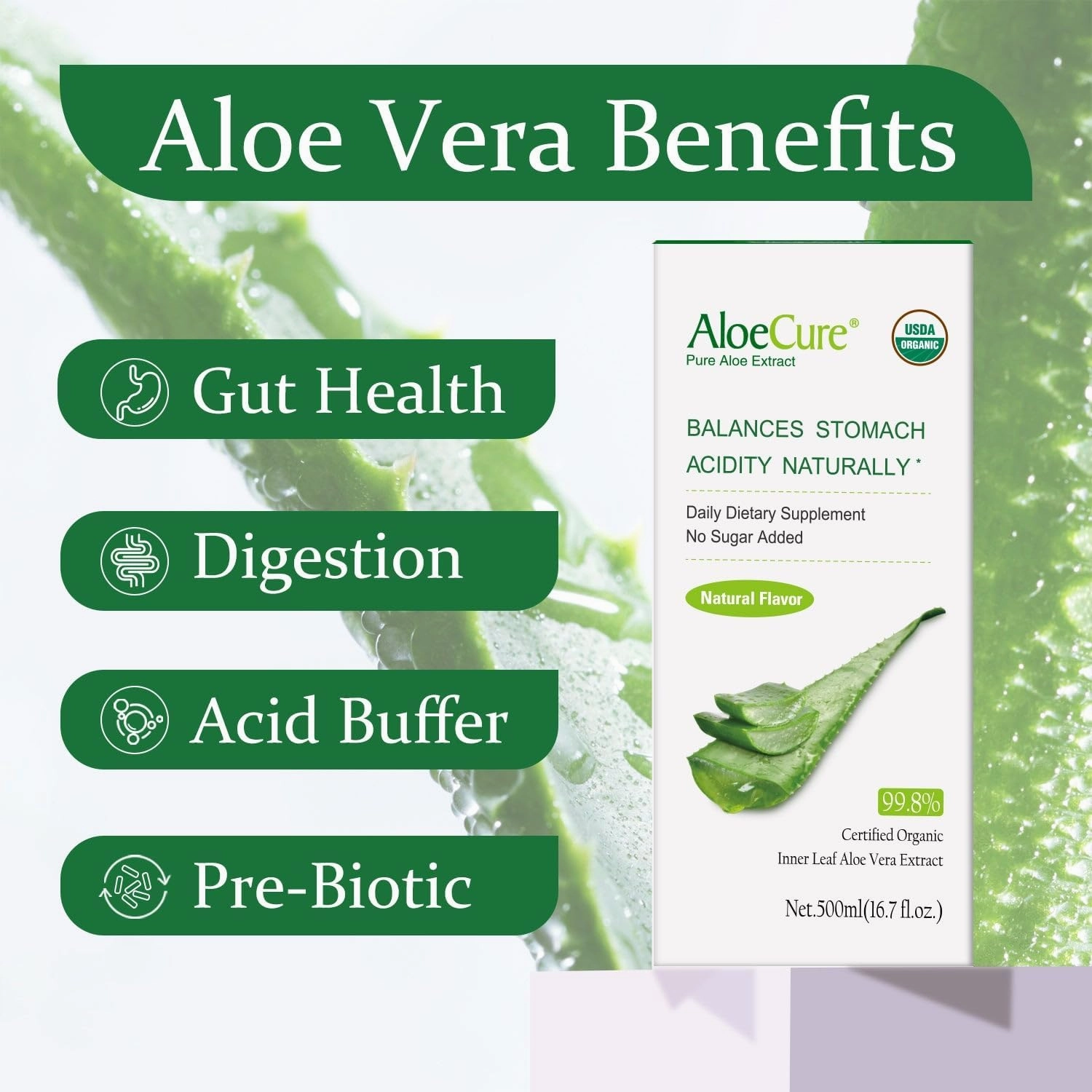 AloeCure USDA Organic Aloe Vera Juice Made Within 12 Hrs of Harvest - Pure Aloe Juice Natural Digestive Supplement to Support Digestion, Immune System and Balanced Stomach Acidity, 500ml Bottle