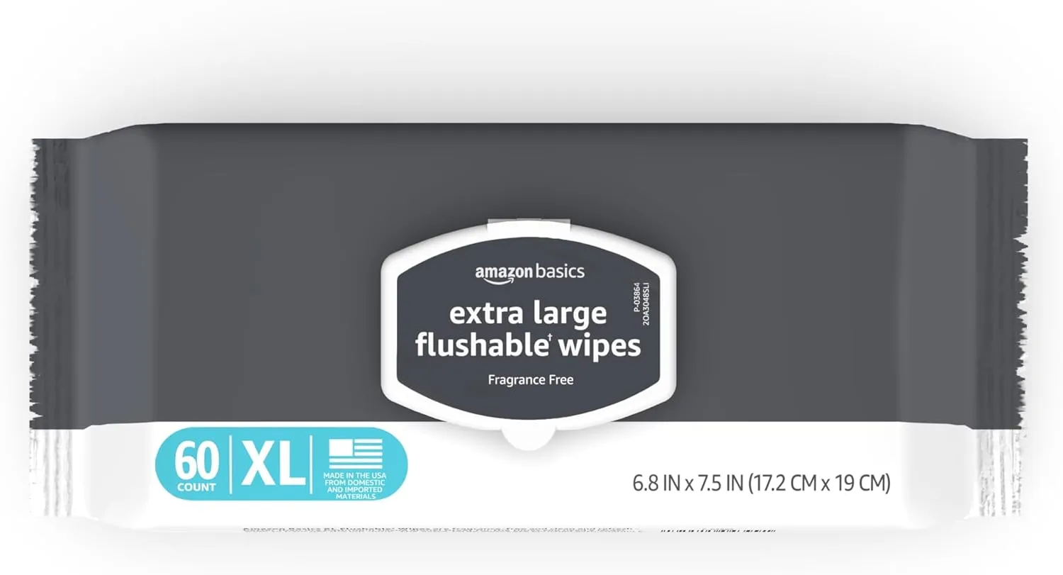 Amazon Basics Extra Large Flushable Wipes, 360 wipes (6 packs of 60), Adult Wet Wipes and Resealable closure