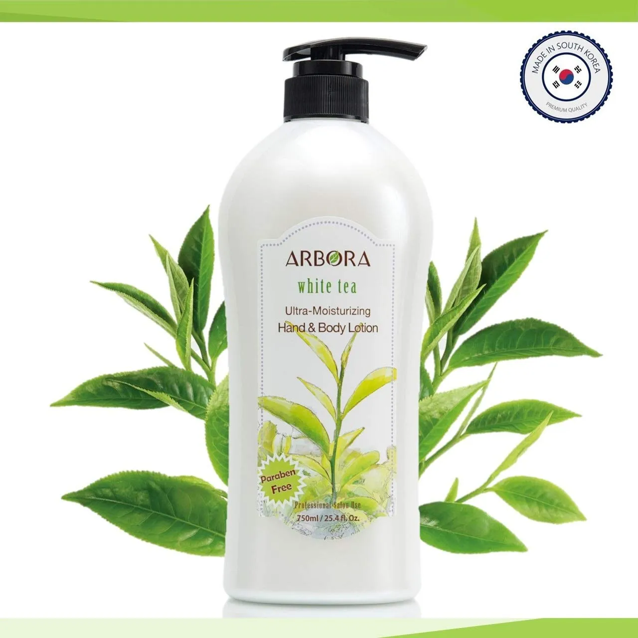 ARBORA Hand & Body Lotion WHITE TEA 25.4OZ/750ML Paraben Free Natural Ultra-Moisturizing, Professional Massage Lotion Original from Korea, Pack of 2
