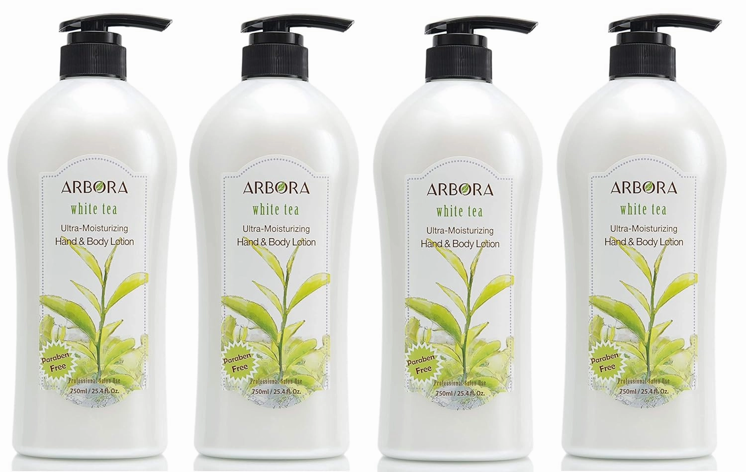 ARBORA Hand & Body Lotion WHITE TEA 25.4OZ/750ML Paraben Free Natural Ultra-Moisturizing, Professional Massage Lotion Original from Korea, Pack of 4