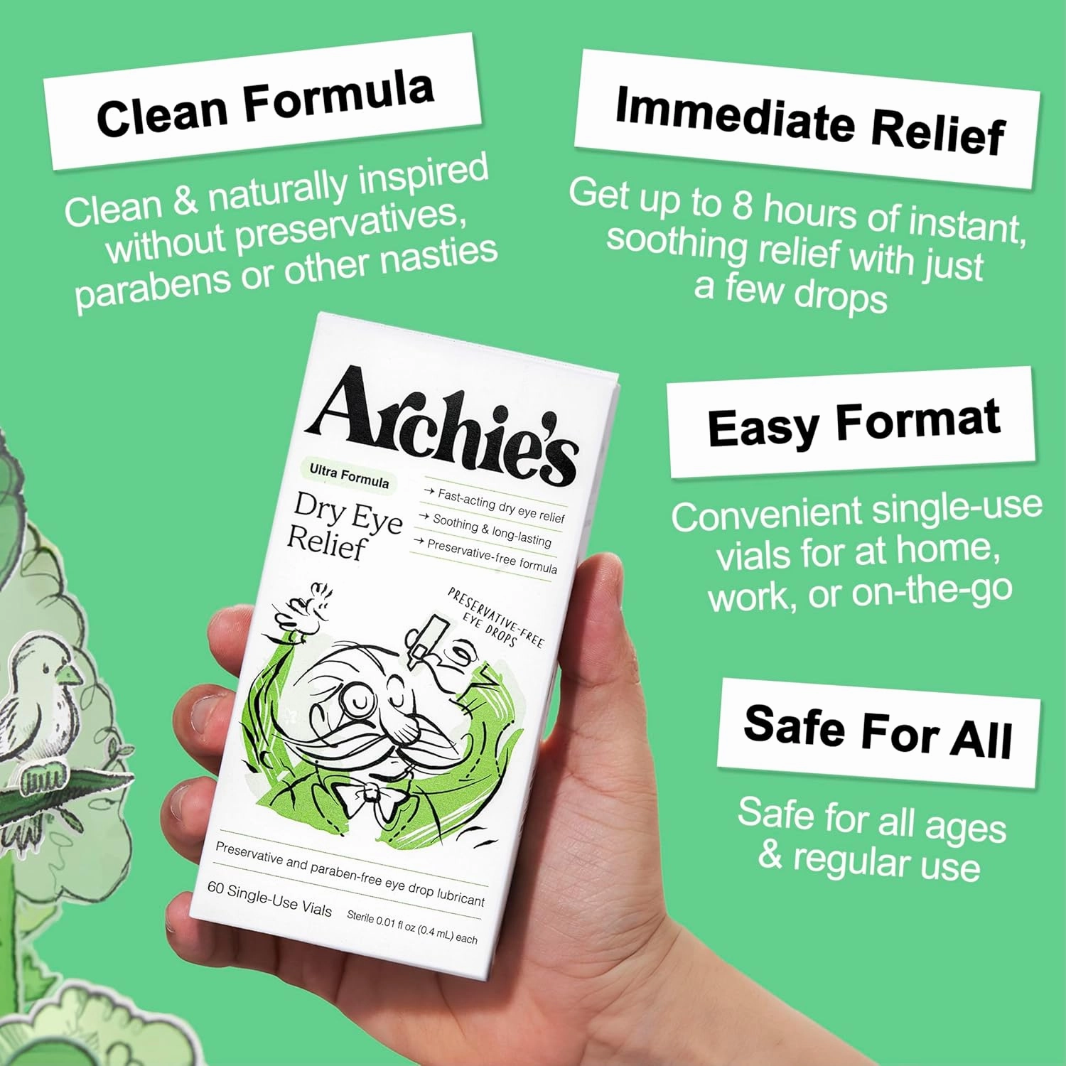 Archie's Remedies, Dry Eye Relief, Ultra Lubricating Eye Drops, Clean Formula and Preservative-Free Vials, Single-Use, for Irritation and Red Eyes, Natural Tears, 60 Count
