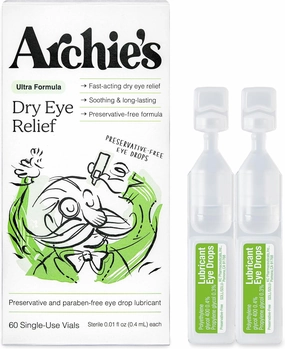 Archie's Remedies, Dry Eye Relief, Ultra Lubricating Eye Drops, Clean Formula and Preservative-Free Vials, Single-Use, for Irritation and Red Eyes, Natural Tears, 60 Count
