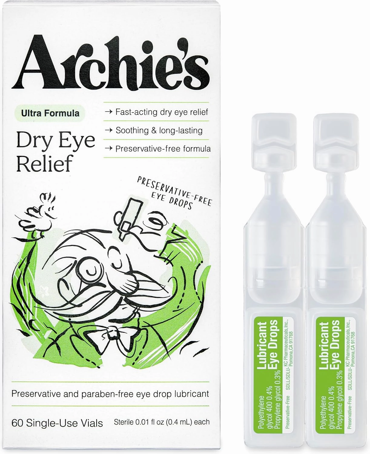Archie's Remedies, Dry Eye Relief, Ultra Lubricating Eye Drops, Clean Formula and Preservative-Free Vials, Single-Use, for Irritation and Red Eyes, Natural Tears, 60 Count