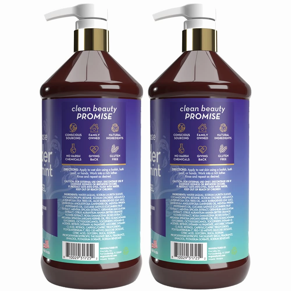 Arganatural 2 Lavender Peppermint Shower Gel Bottles, Large 32 fl oz, Soothing Body Wash and Skin Moisture Blend of Lavender, Peppermint and Aloe (2 Pack)