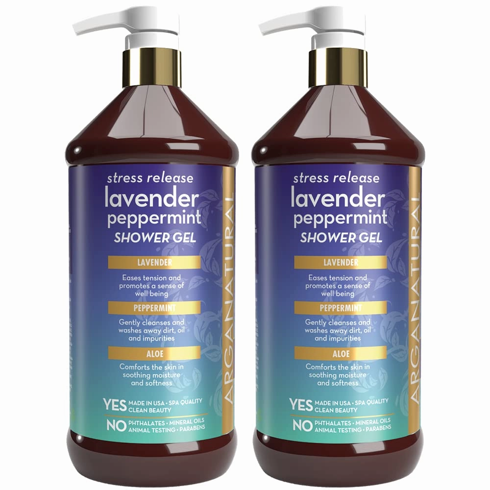 Arganatural 2 Lavender Peppermint Shower Gel Bottles, Large 32 fl oz, Soothing Body Wash and Skin Moisture Blend of Lavender, Peppermint and Aloe (2 Pack)