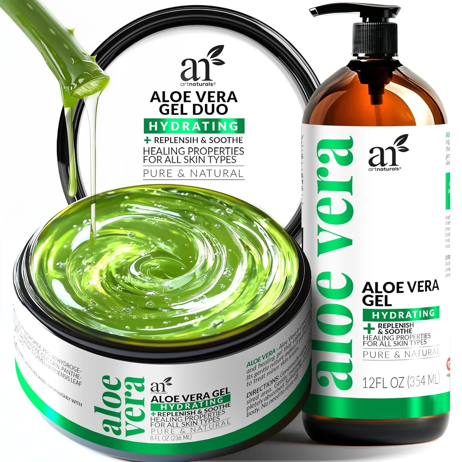 artnaturals Aloe Vera Gel Set - JUMBO 20oz - Sunburn Relief & Hydration for Face, Body, Scalp & Hair - Calming Moisturizer After Sun Exposure - Freshly Harvested within 12 Hours
