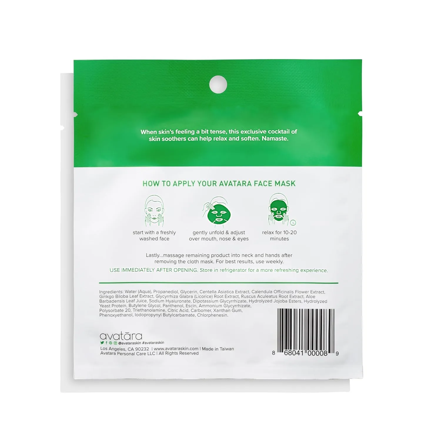 Avatara Chill Out Face Masks, 15 Sheets, Hydrating Aloe Vera, Soothing Skin, Unisex