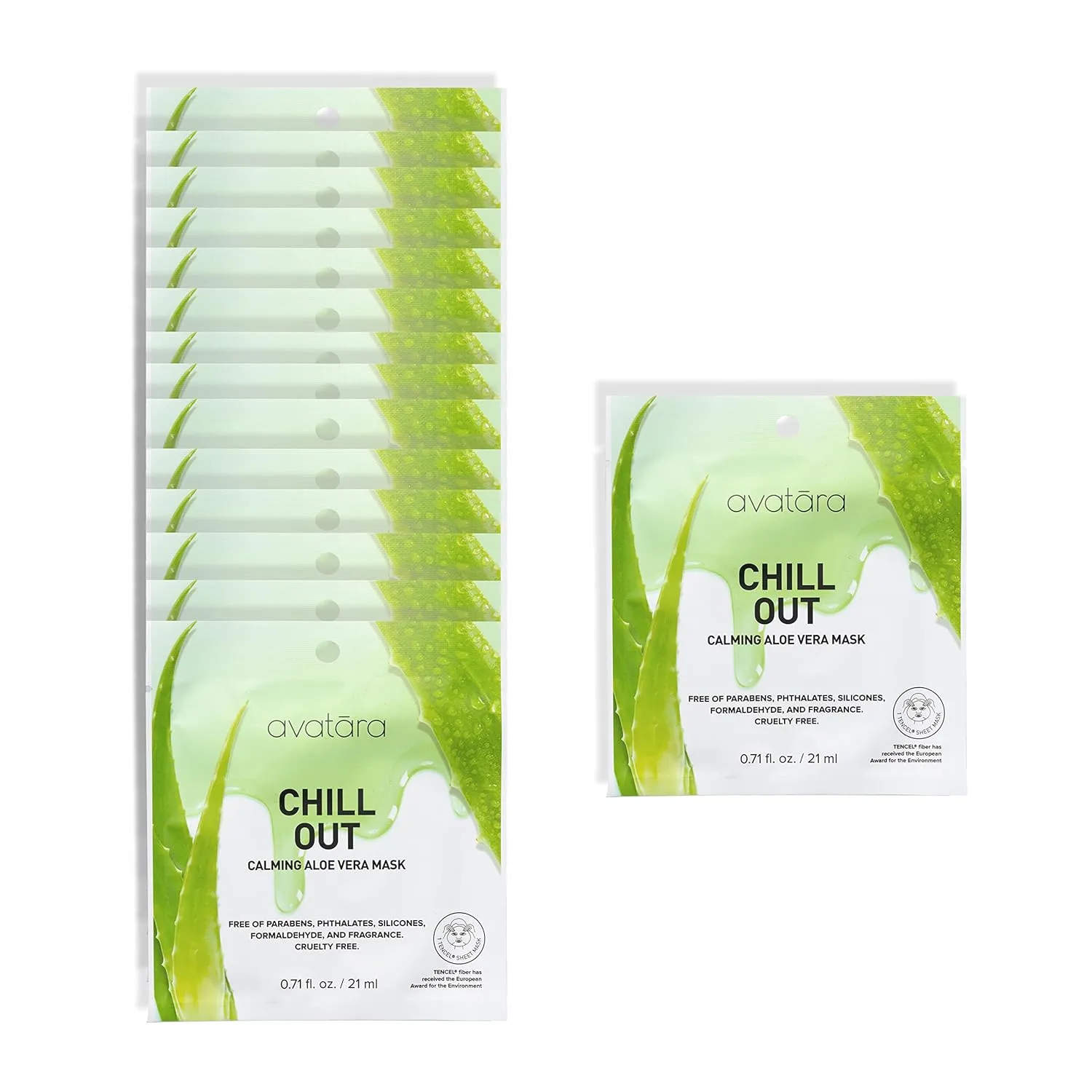 Avatara Chill Out Face Masks, 15 Sheets, Hydrating Aloe Vera, Soothing Skin, Unisex