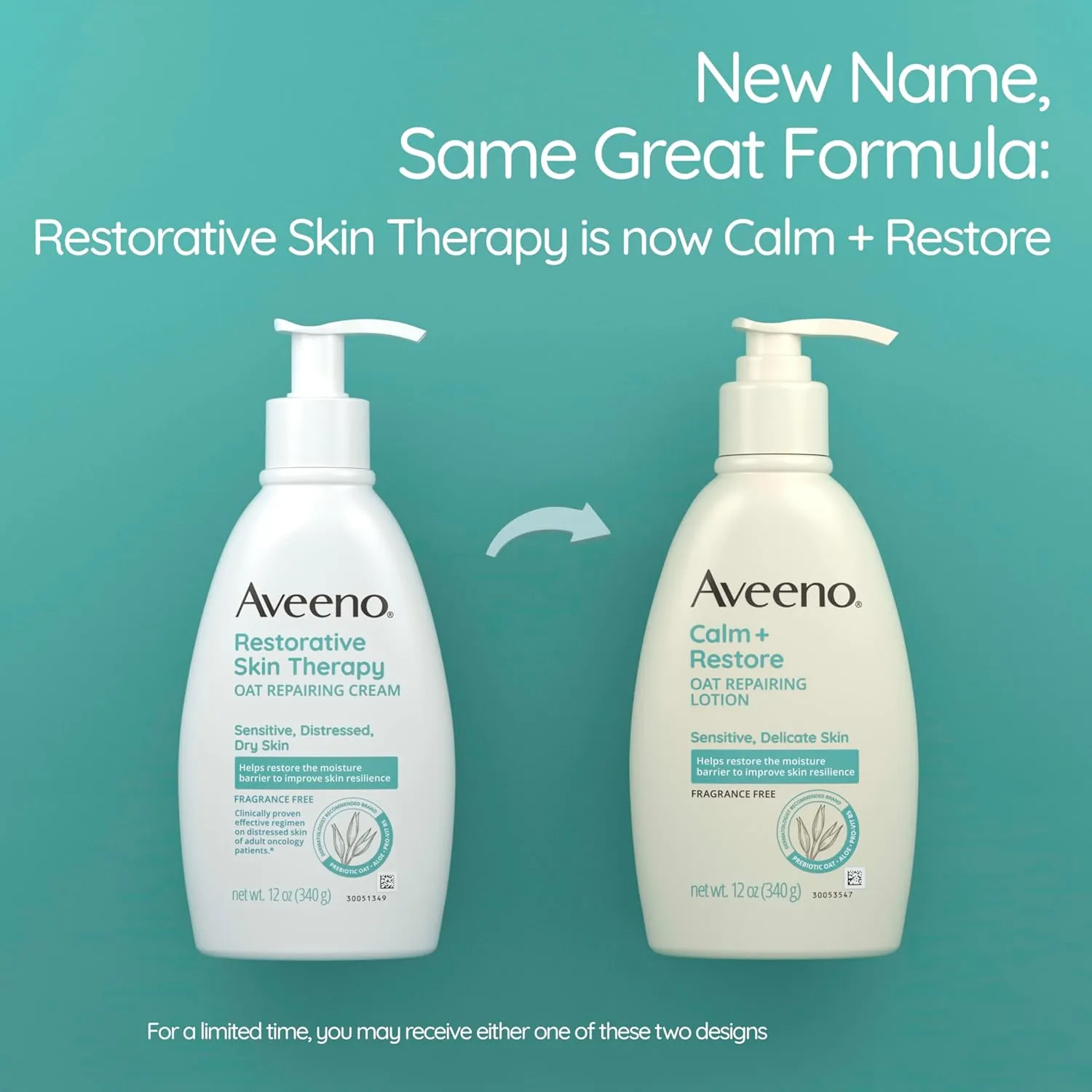 Aveeno Calm   Restore Oat Repairing Body Lotion for Sensitive Skin, Daily Moisturizer with Prebiotic Oat, Aloe & Pro-Vitamin B5 Helps Restore Skin's Moisture Barrier, Fragrance Free, 12 oz