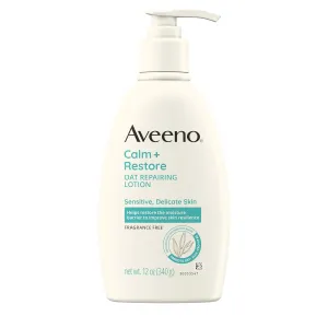 Aveeno Calm   Restore Oat Repairing Body Lotion for Sensitive Skin, Daily Moisturizer with Prebiotic Oat, Aloe & Pro-Vitamin B5 Helps Restore Skin's Moisture Barrier, Fragrance Free, 12 oz