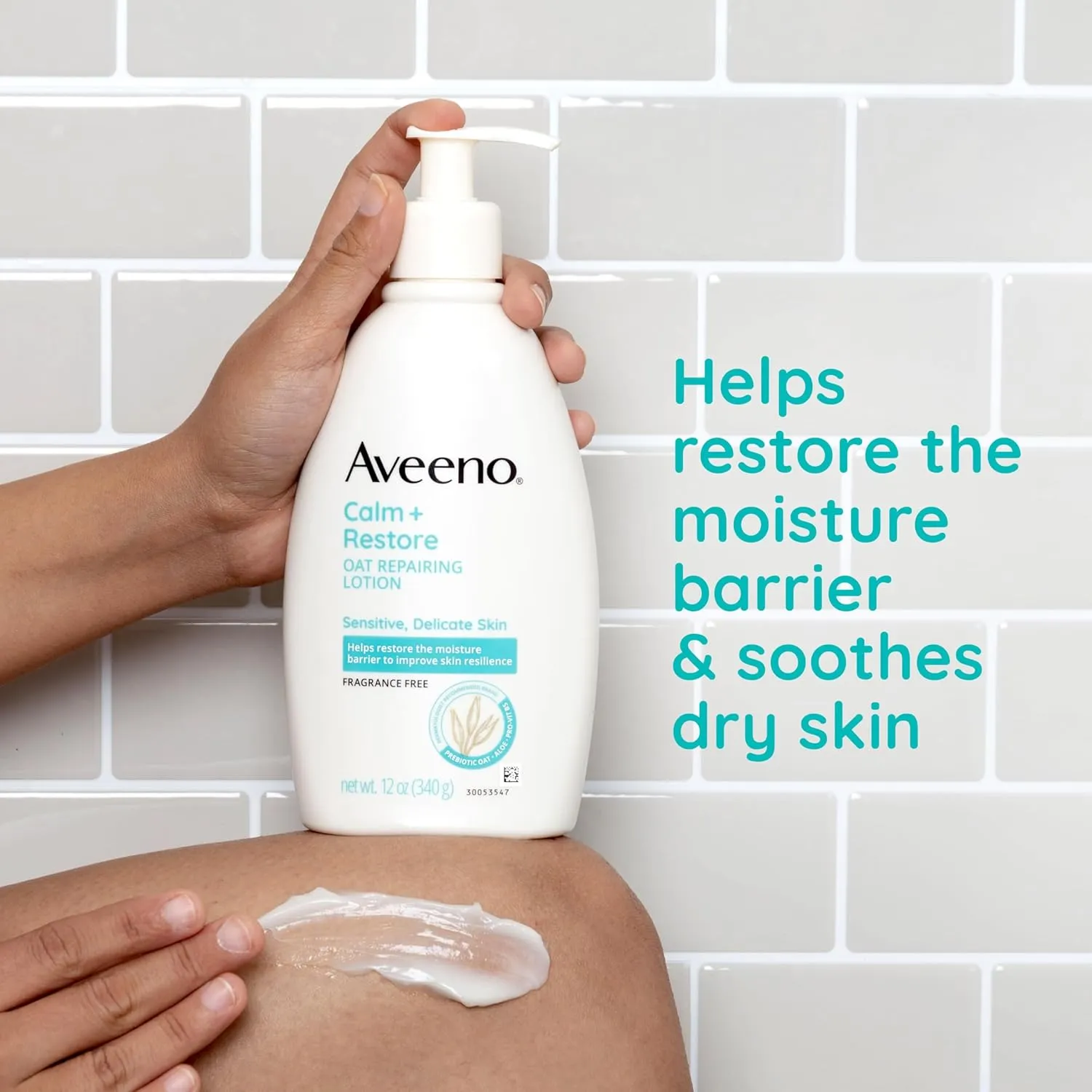 Aveeno Calm   Restore Oat Repairing Body Lotion for Sensitive Skin, Daily Moisturizer with Prebiotic Oat, Aloe & Pro-Vitamin B5 Helps Restore Skin's Moisture Barrier, Fragrance Free, 12 oz