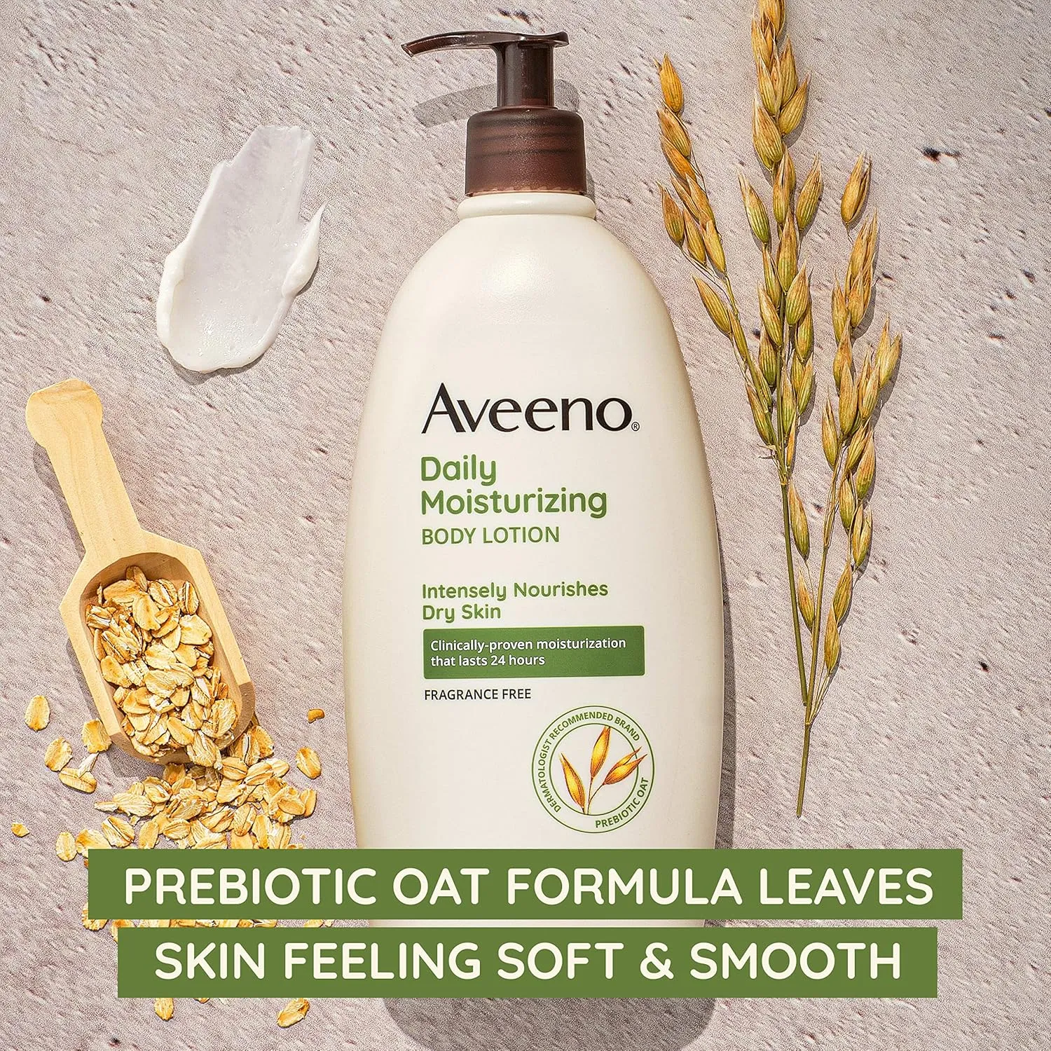 Aveeno Daily Moisturizing Body Lotion with Soothing Prebiotic Oat, Gentle Lotion Nourishes Dry Skin With Moisture, Paraben-, Dye- & Fragrance-Free, Non-Greasy & Non-Comedogenic, 18 oz, 2 Pack