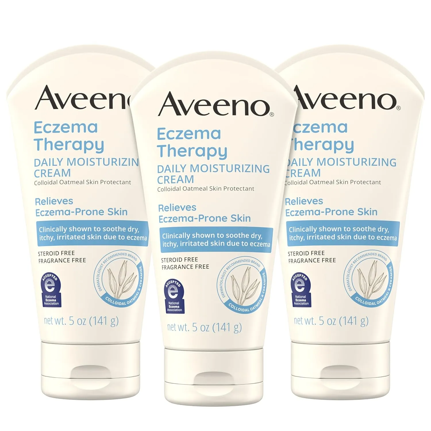 Aveeno Eczema Therapy Daily Moisturizing Body Cream for Sensitive Skin, Soothing Eczema Relief Cream, Colloidal Oatmeal & Ceramide for Dry & Itchy Skin, Steroid- & Fragrance-Free, 5 oz, Pack of 3