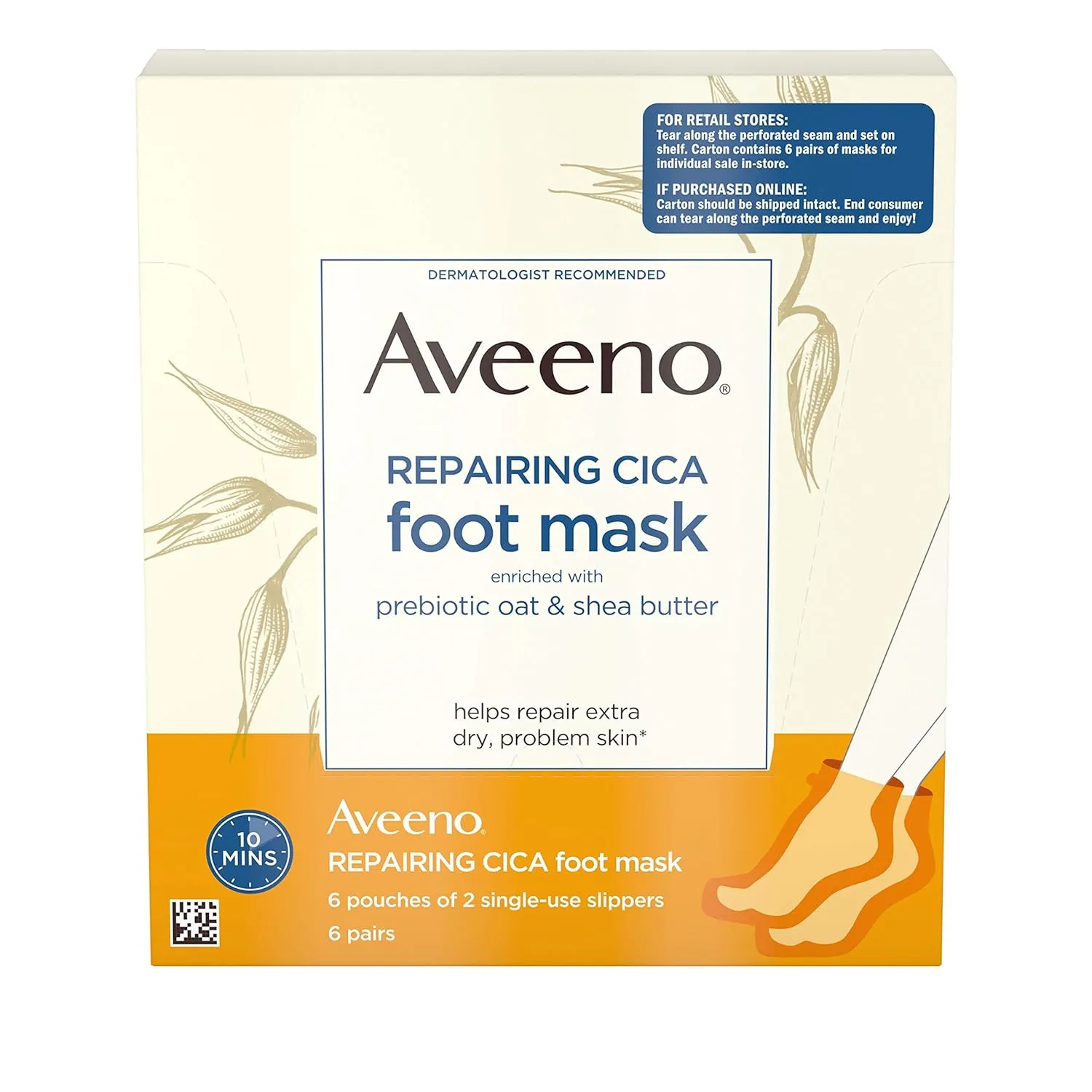 Aveeno Repairing CICA Foot Mask with Prebiotic Oat and Shea Butter, Moisturizing Foot Mask for Extra Dry Skin, 6 Pairs of Single-Use Slippers