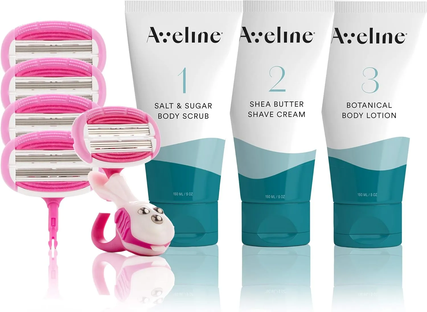 Aveline Women's Silky Smooth Shaving Starter Kit | 6-Blade Razor, 4pk Refill Blades, Salt & Sugar Body Exfoliating Scrub - 5oz, Shea Butter Shaving Cream - 5oz, and Botanical Moisturizing Body Lotion