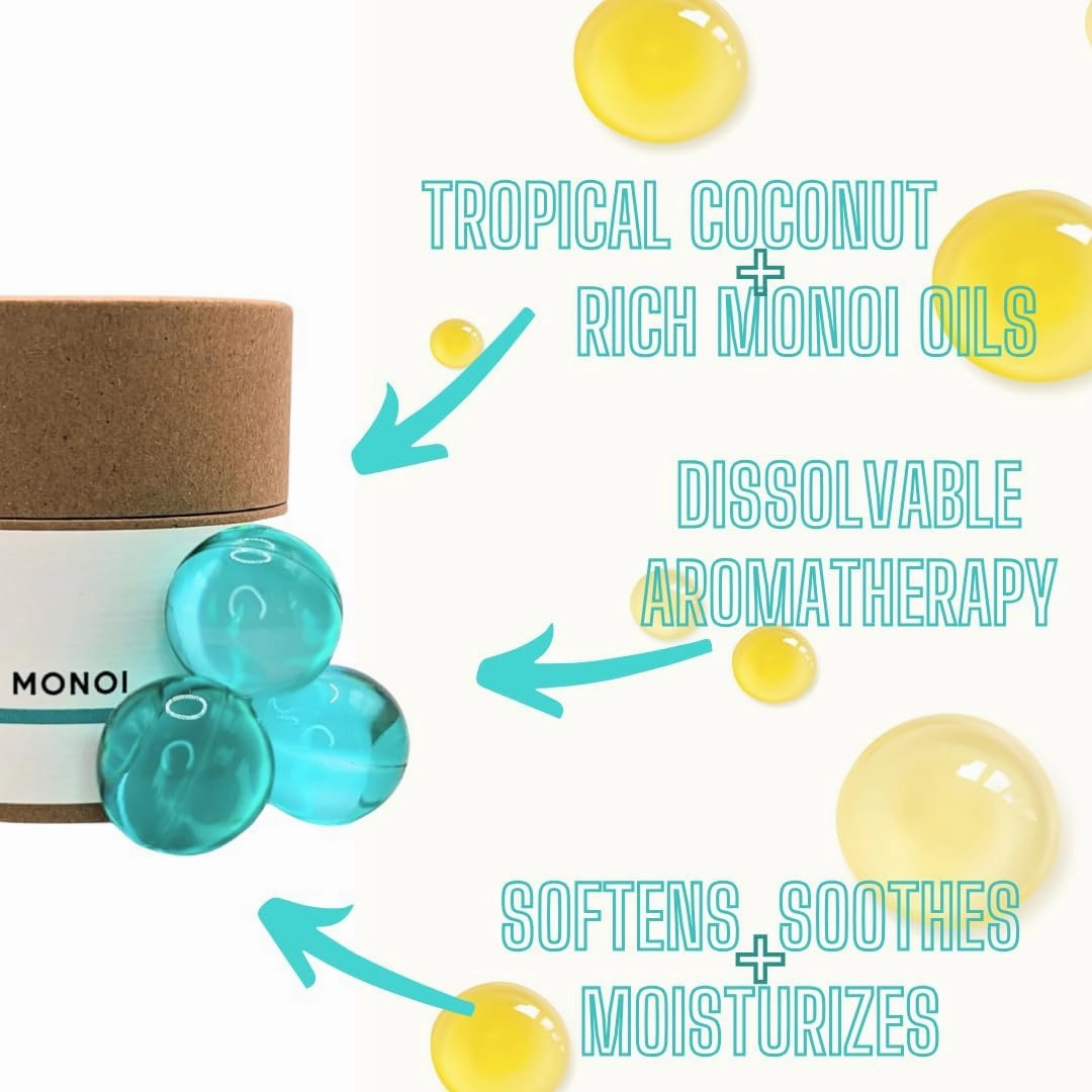 Avivni Moisturizing Bath Oil Beads (15 Pearls), Coconut Oil, Monoi Oil, Soothing Tropical Scent, Biodegradable, Recyclable Container, Mother's Day