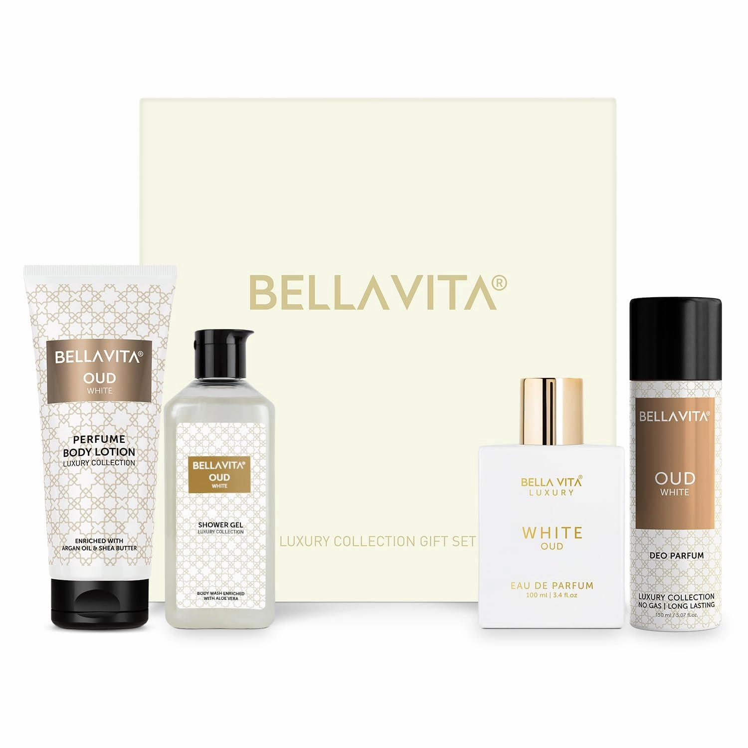 B.ella V.ita Luxury OUD WHITE Gift Set with Shower Gel 250 Ml for Deep Cleansing, EDP Perfume 100 Ml, No Gas Deo Body Parfum 150 Ml & Perfume Body Lotion 200 Ml