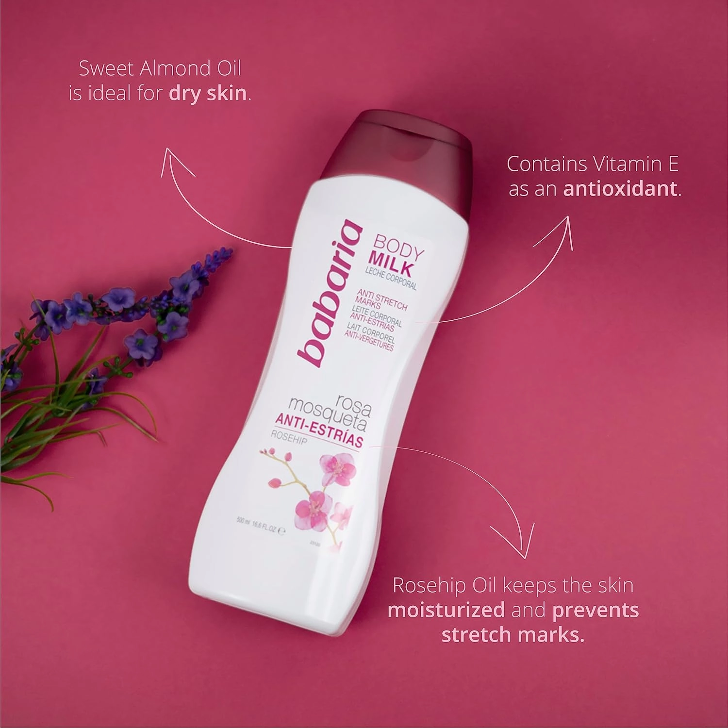 Babaria Anti Stretch Marks Body Milk - Moisturizing and Hydrating Effects - Infused with Sweet Almond Oil and Vitamin E - Reduces Appearance of Wrinkles - Suitable for All Skin Types - 16.6 oz