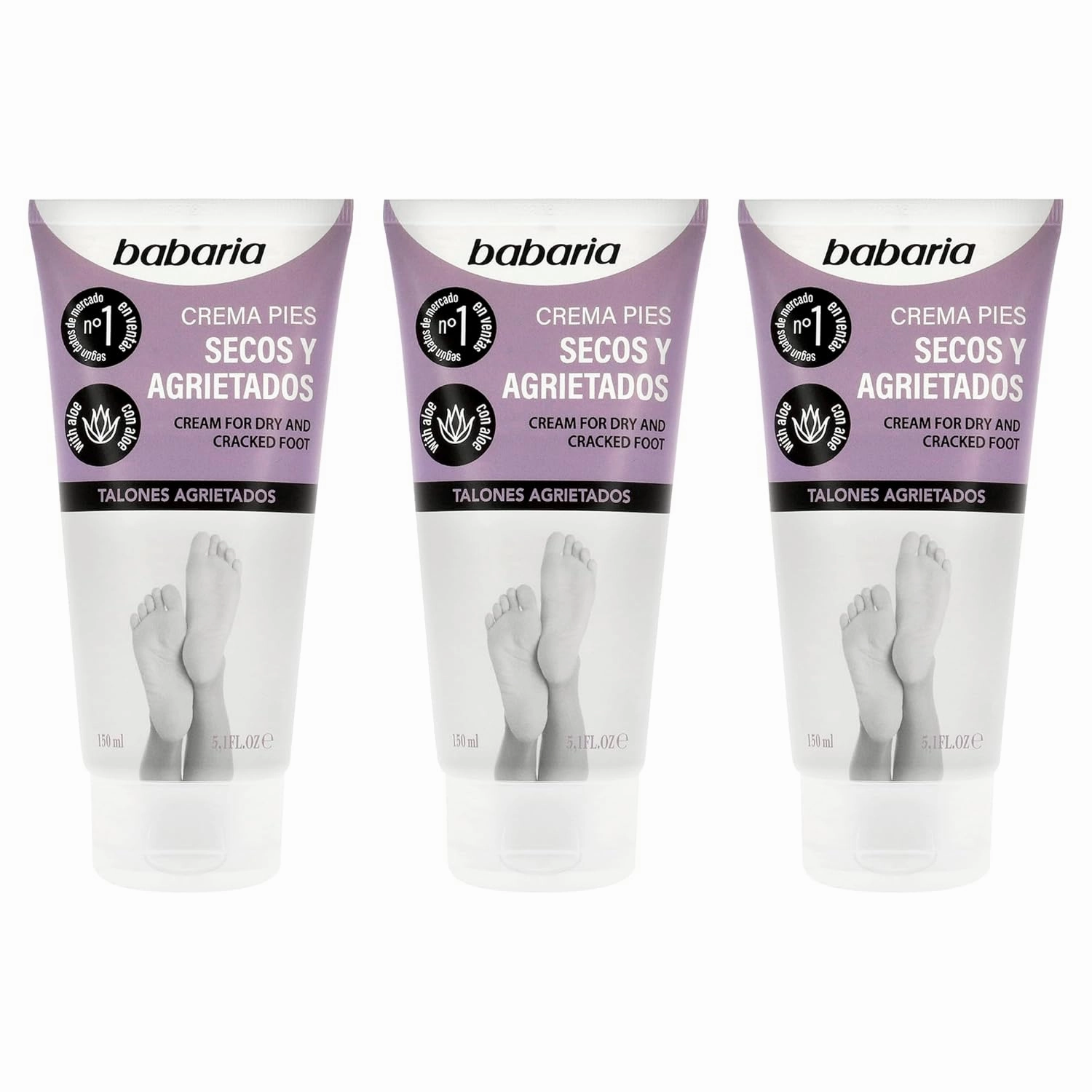Babaria Dry Feet Cream - Hydrating, Soothing, Smoothing with Aloe Vera, Sweet Almond and Shea Butter - Fast Absorbing and for All Skin Types - 3 pc