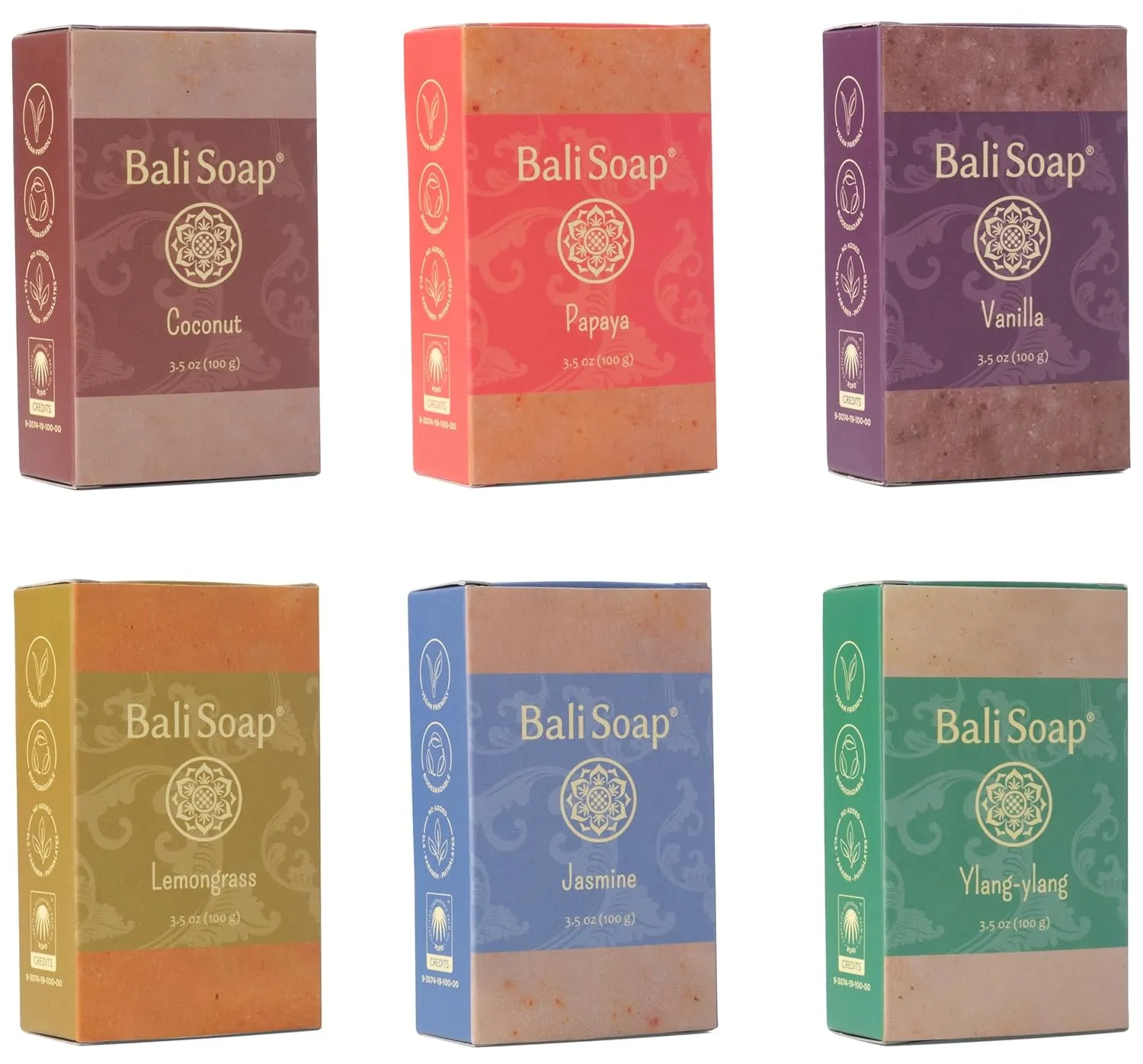Bali Soap - Green Collection - Natural Bar Gift Set, Face Soap or Body, 6 pc Variety Soap Pack (Coconut, Papaya, Vanilla, Lemongrass, Jasmine, Ylang-Ylang) 3.5 Oz each